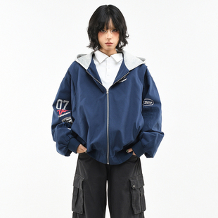 OV原创美式赛车风印花撞色连帽外套女春季宽松廓形痞帅机能夹克男