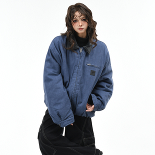 OV原创美式 宽松保暖复古棉衣棉服男 巴恩风皮领夹棉加厚外套女冬季