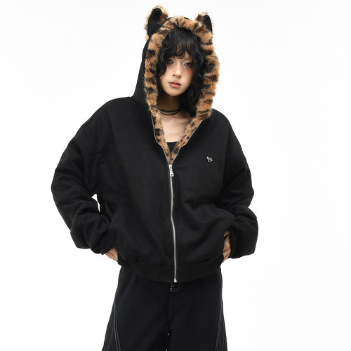 原创美式豹纹耳朵设计棉衣棉服潮