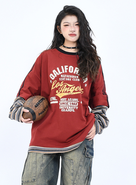 OV原创/春季新款美式复古条纹拼接假两件长袖T恤男女宽松情侣上衣