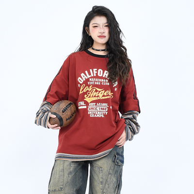 长袖美式复古假两件拼接纯棉T恤