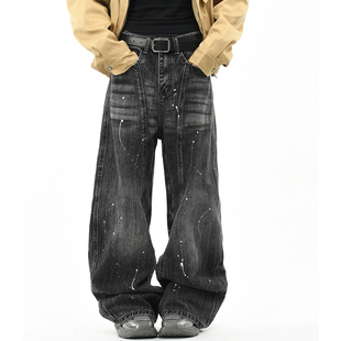 女街头宽松直筒做旧长裤 男 潮牌解构拼接泼墨水洗牛仔裤 OV原创美式