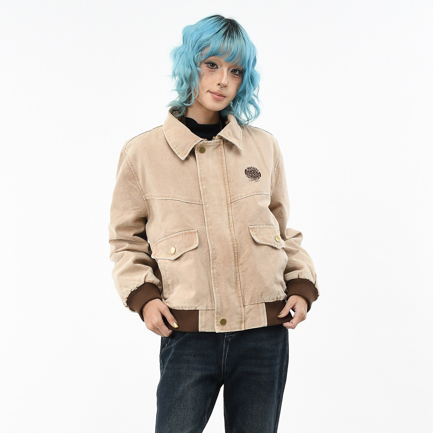 原创美式复古做旧水洗毛内胆棉服