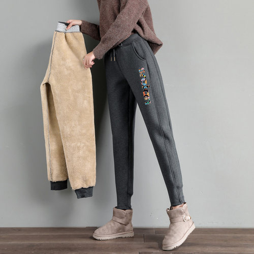 羊羔绒秋冬季深灰色加厚棉裤子