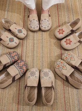 新中式厚底勃肯鞋女平底绣花老北京布鞋一脚蹬懒人鞋透气浅口单鞋