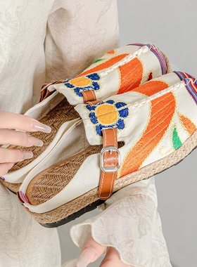 新款夏季外穿包头半拖鞋女平底亚麻休闲汉元素红色布艺勃肯鞋女生