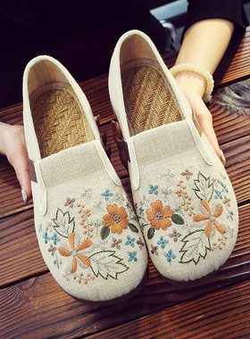 夏季新中式勃肯鞋女平底老北京布鞋平跟中国风亚麻软底舒适汉服鞋
