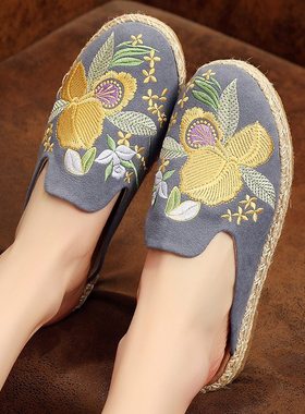 包头拖女夏季外穿平底手工草编老北京布鞋民族风刺绣一脚蹬凉拖鞋