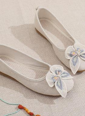 春季素雅老北京布鞋女平底蝴蝶结棉麻一脚蹬懒人鞋轻便绣花鞋单鞋