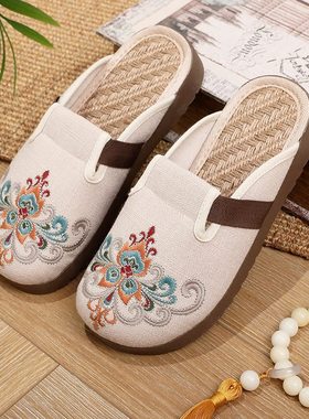 外穿包头拖新中式亚麻拖鞋女平底老北京布鞋软底一脚蹬防滑民族风