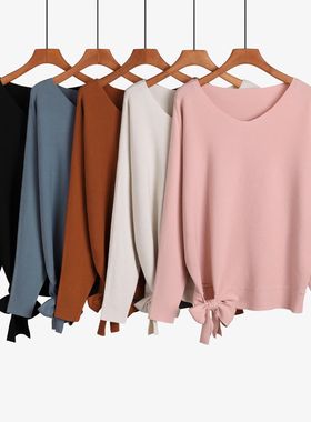 2024秋冬新款跨境毛衣系带宽松大码套头针织蝙蝠衫上衣亚马逊爆款