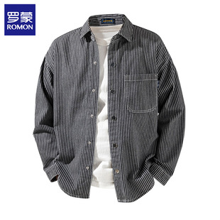 罗蒙竖条纹牛仔长袖衬衫外套春秋冬加绒加厚男士口袋外穿翻领衬衣