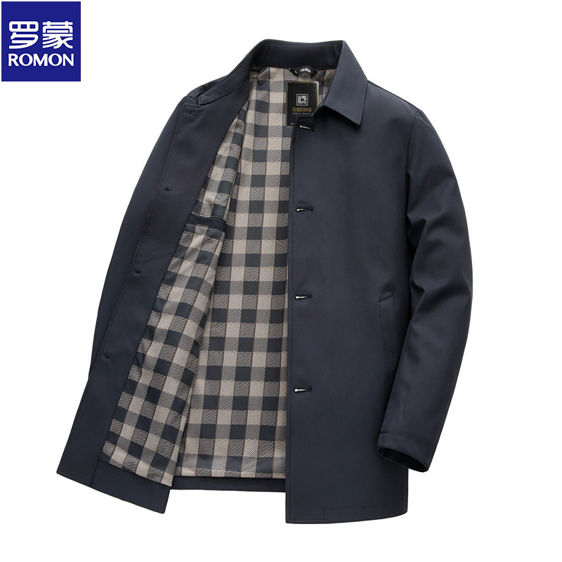 罗蒙夹克中长款翻领干部时尚爸爸装春秋格子内里行政风衣男士外套