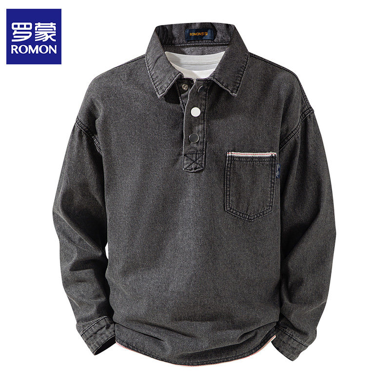 罗蒙春秋新款牛仔衬衫夹克男士休闲长袖POLO衫套头半开襟翻领外套,男装,衬衫,淘宝优惠券,粉丝福利购,淘宝优惠卷