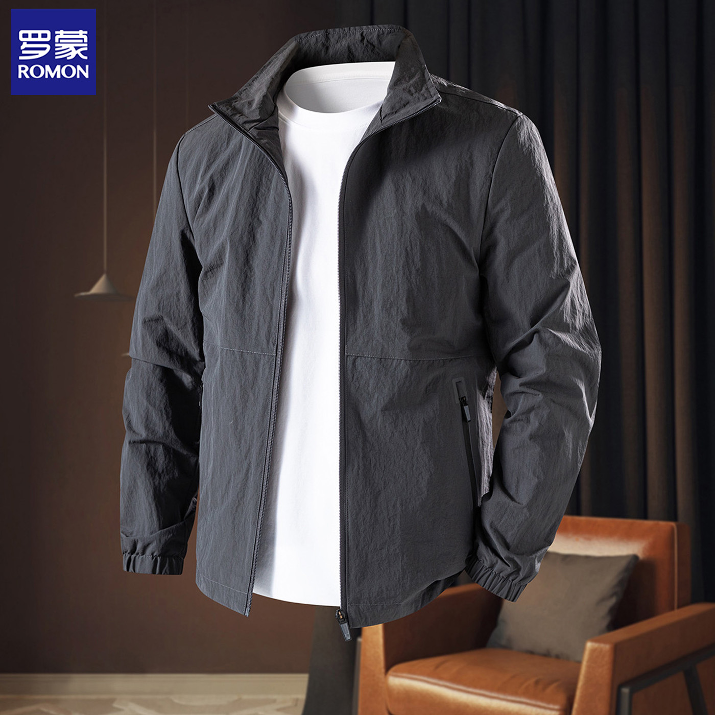 罗蒙小立领拉链口袋微皱夹克外套