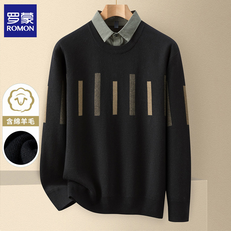 罗蒙秋冬新款含羊毛假两件衬衫领爸爸装男针织衫保暖撞色提花毛衣,男装,针织衫/毛衣,淘宝优惠券,粉丝福利购,淘宝优惠卷
