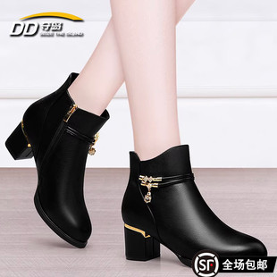 百搭秋冬加绒女鞋 黑色高跟鞋 女士中跟皮鞋 春秋粗跟单鞋 女2025新款