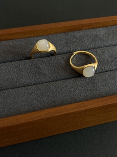 S925银和田玉藕粉戒指 拉丝工艺方形轻奢高级感开口戒指