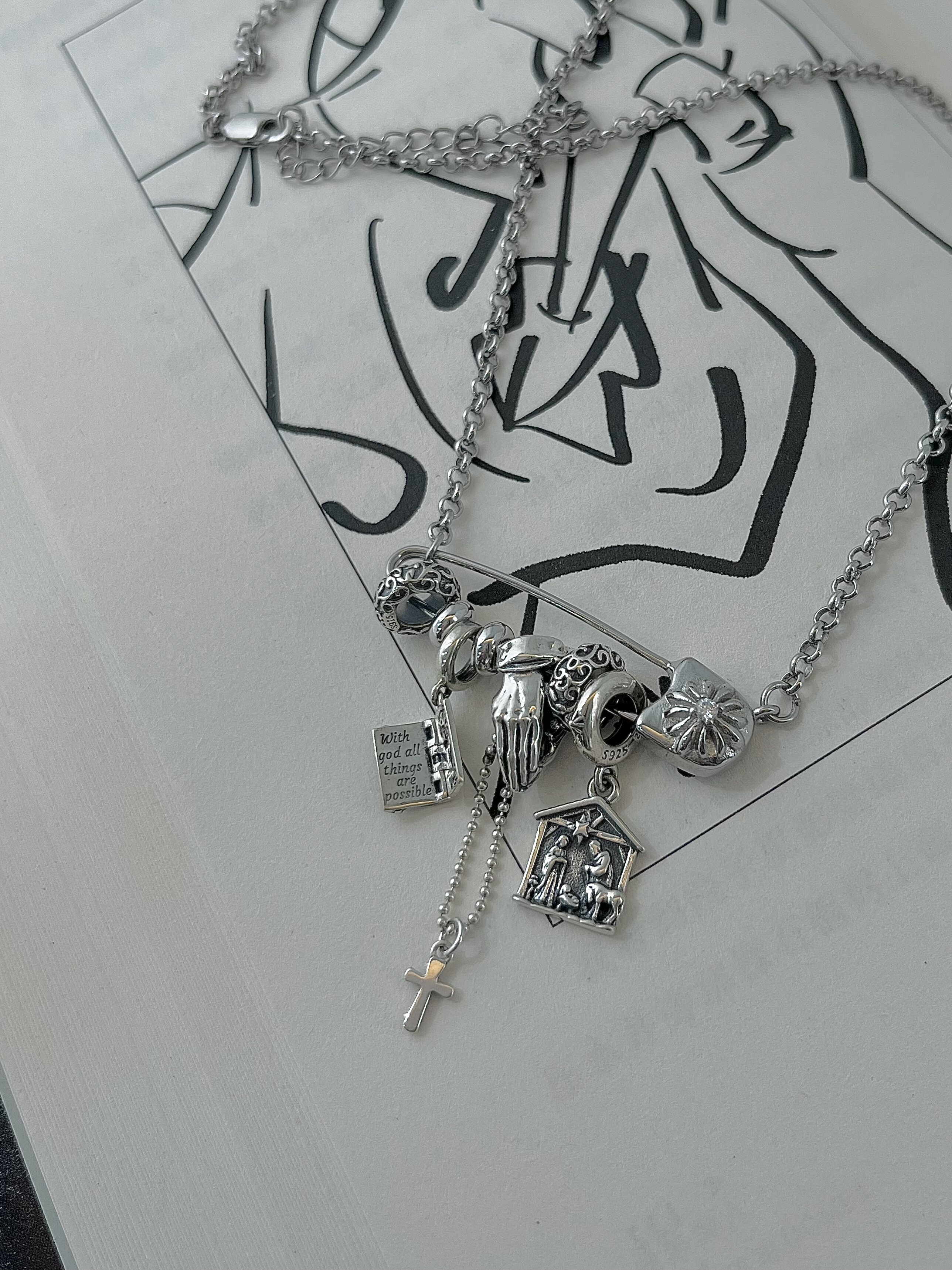 复古做旧别针项链 925银信仰风吊坠 祷文圣像十字架小众设计感
