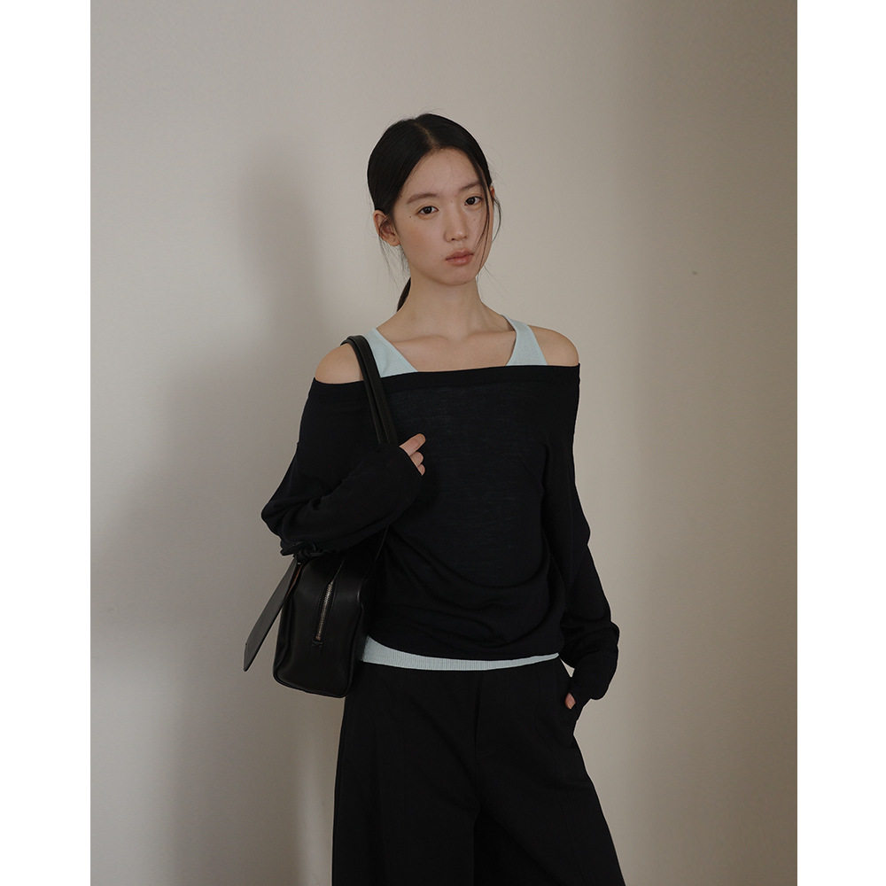 EVERTRUE 露肩针织女装春季新款韩版长袖宽松显瘦休闲上衣35307