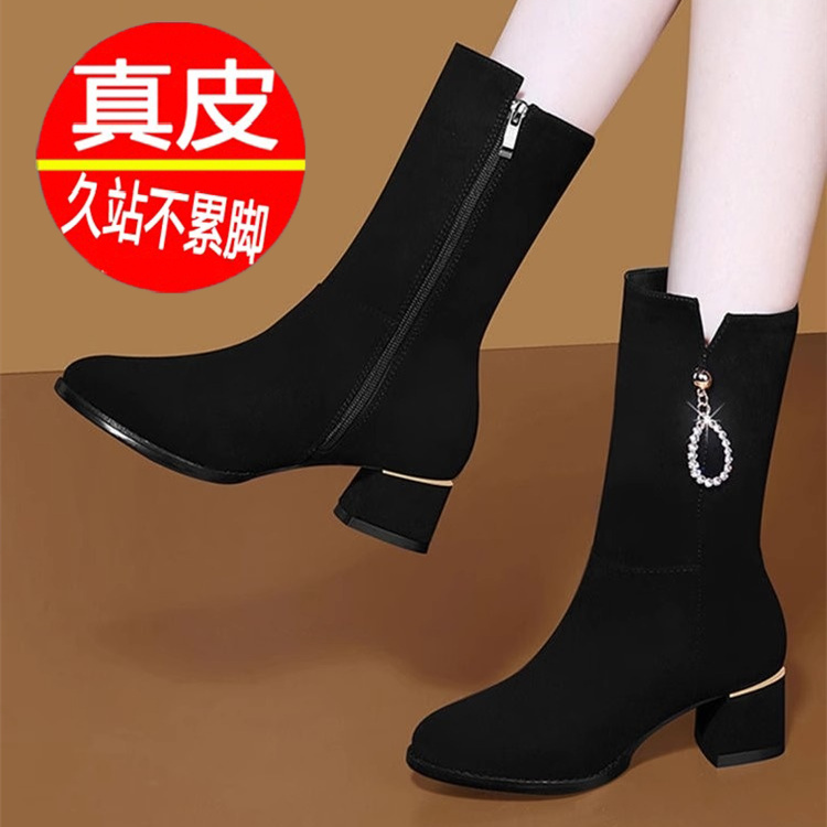 全牛皮特价中筒靴女磨砂皮靴子秋