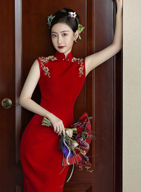 旗袍敬酒服新娘小个子红色刺绣订婚礼服裙女2026新款晨袍回门无袖
