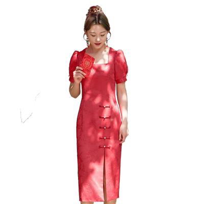 气质高端方领新中式连衣裙订婚裙