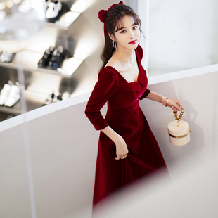 敬酒服新娘丝绒高级感小个子订婚连衣裙法式 回门礼服女酒红色长袖