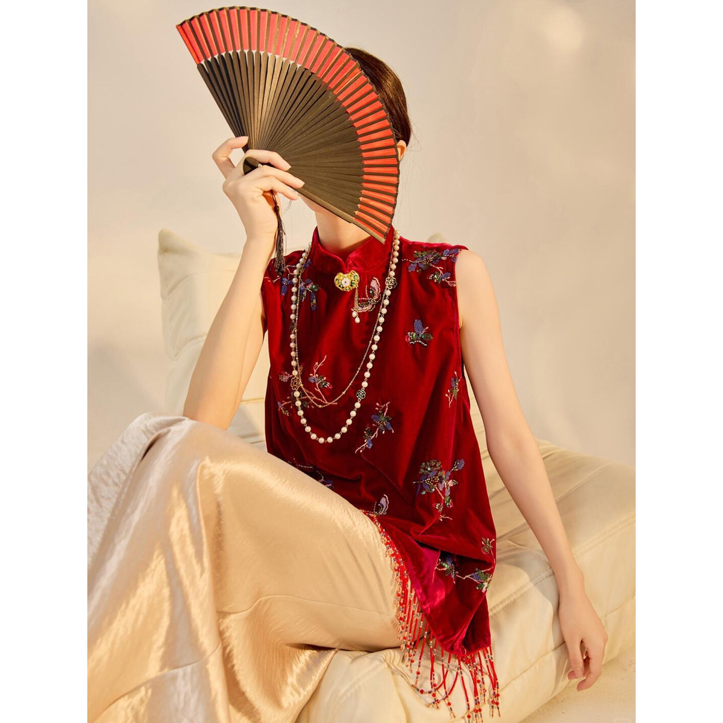 红色丝绒新中式国风马甲敬酒服新娘结婚回门套装晨袍女订婚礼服裙