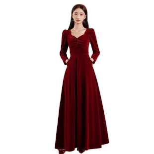 敬酒服新娘2025新款丝绒冬天红色订婚衣服长袖礼服裙女回门秋冬季