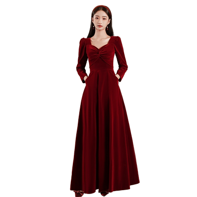 敬酒服新娘2025新款丝绒冬天红色订婚衣服长袖礼服裙女回门秋冬季