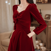 礼服裙女回门秋冬季 敬酒服新娘2026新款 丝绒冬天红色订婚衣服长袖