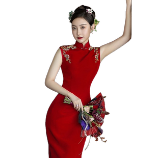 旗袍敬酒服新娘小个子红色刺绣订婚礼服裙女2026新款晨袍回门无袖