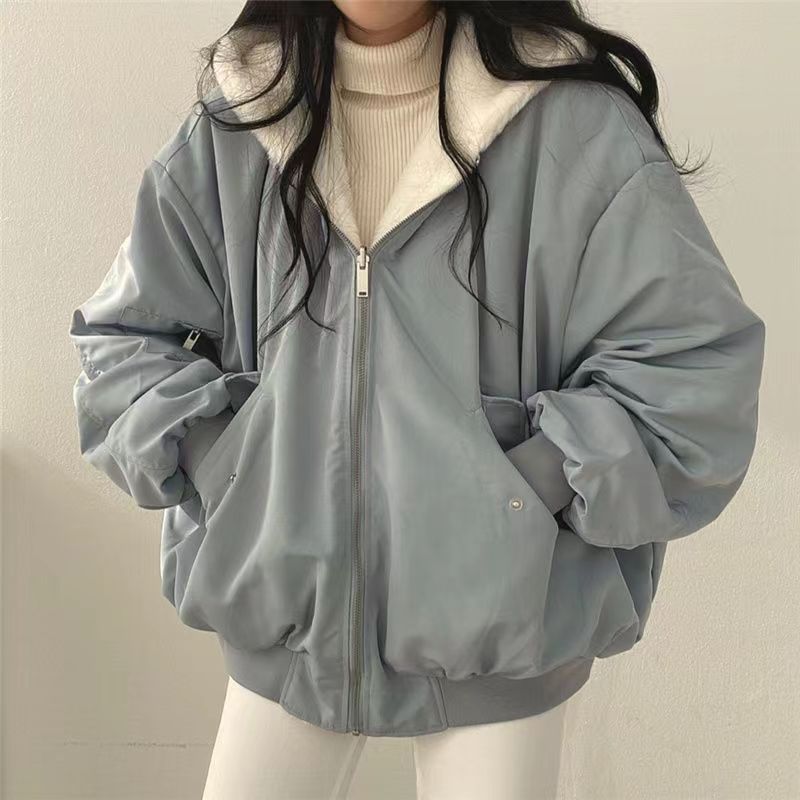 韩国加绒加厚两面穿羊羔毛棉服