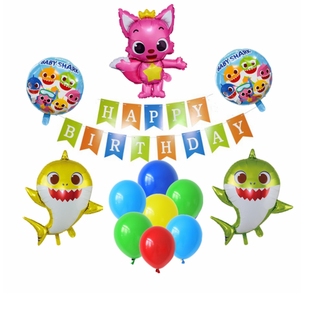 蓝金色鲨鱼宝宝一家人主题男孩2岁3岁周岁生日背景布置卡通碰碰狐