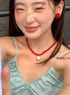 KISOL超火红色串珠水滴珍珠项链~