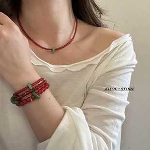 「绯霞韵」新中式红色天然石玛瑙串珠手链复古清冷感百搭手串女