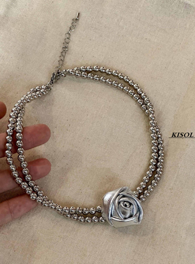 「浪漫夜色」银色玫瑰花朵颈带choker气质辣妹颈链高级感双层项链