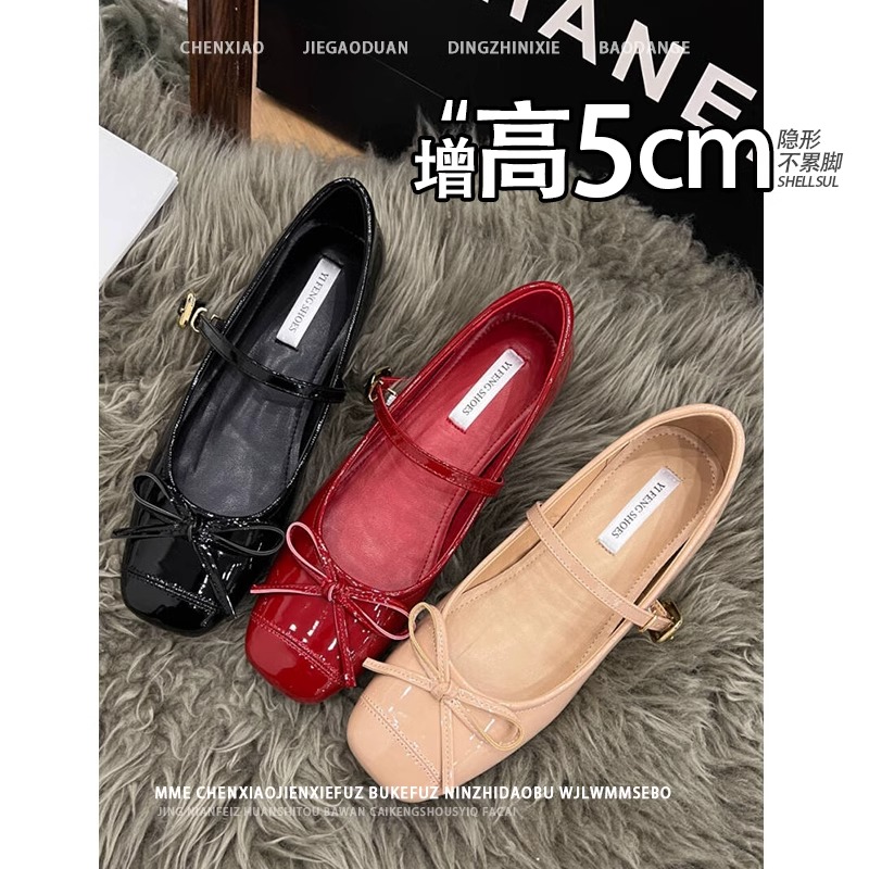 品牌法式复古内增高5cm蝴蝶结单鞋女2025新款平底芭蕾鞋漆皮玛丽