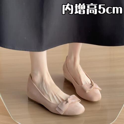 内增高5cm法式绒面浅口单鞋女2026新款蝴蝶结甜美风通勤芭蕾0908z
