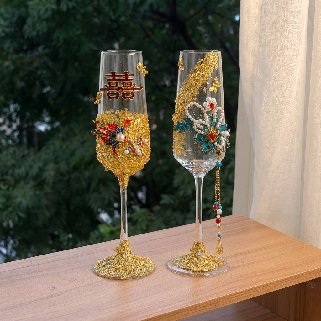 敬酒杯diy备婚碎钻材料包结婚新婚礼盒香槟杯制作材料红酒杯