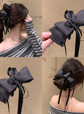 韩国小众设计织带格纹蝴蝶结香蕉夹学院风复古后脑勺盘发竖夹扭夹