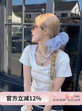 法式氛围感~蓝色蕾丝波点大肠发圈女mona同款高级ins头花头绳发饰