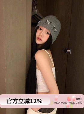 韩国博主同款蝴蝶结针织毛线帽秋冬ins大头围百搭时尚护耳冷帽女