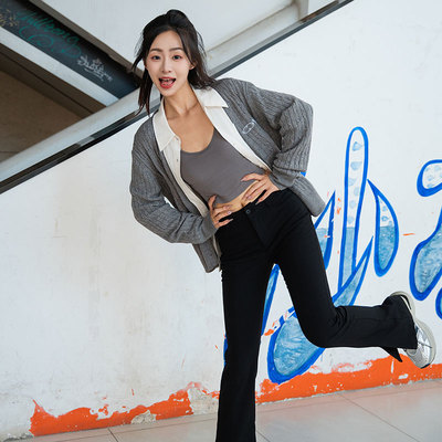 justalit修身高腰微喇叭拖地长裤