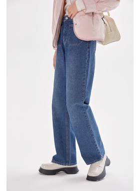 Just a liT口袋反转设计直筒牛仔裤女高腰显瘦百搭复古休闲裤女