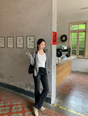 修身 Justalit超模裤 复古水洗黑微喇莱卡牛仔长裤 磨白中高腰