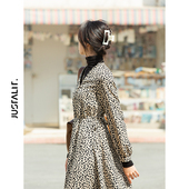 JUST 抽绳小褶皱收腰A字8分连衣裙 V领 LIT平衡野性甜美豹纹裙