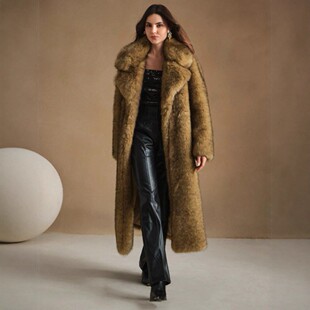 希音跨境新款秋冬时尚蓬松长款大衣仿狐狸毛毛茸茸派克大衣外套