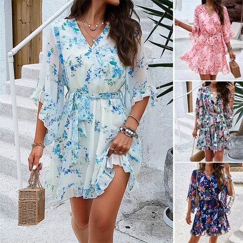 女春夏连衣裙 Flare Sleeves Summer Print V-neck Short Dresses